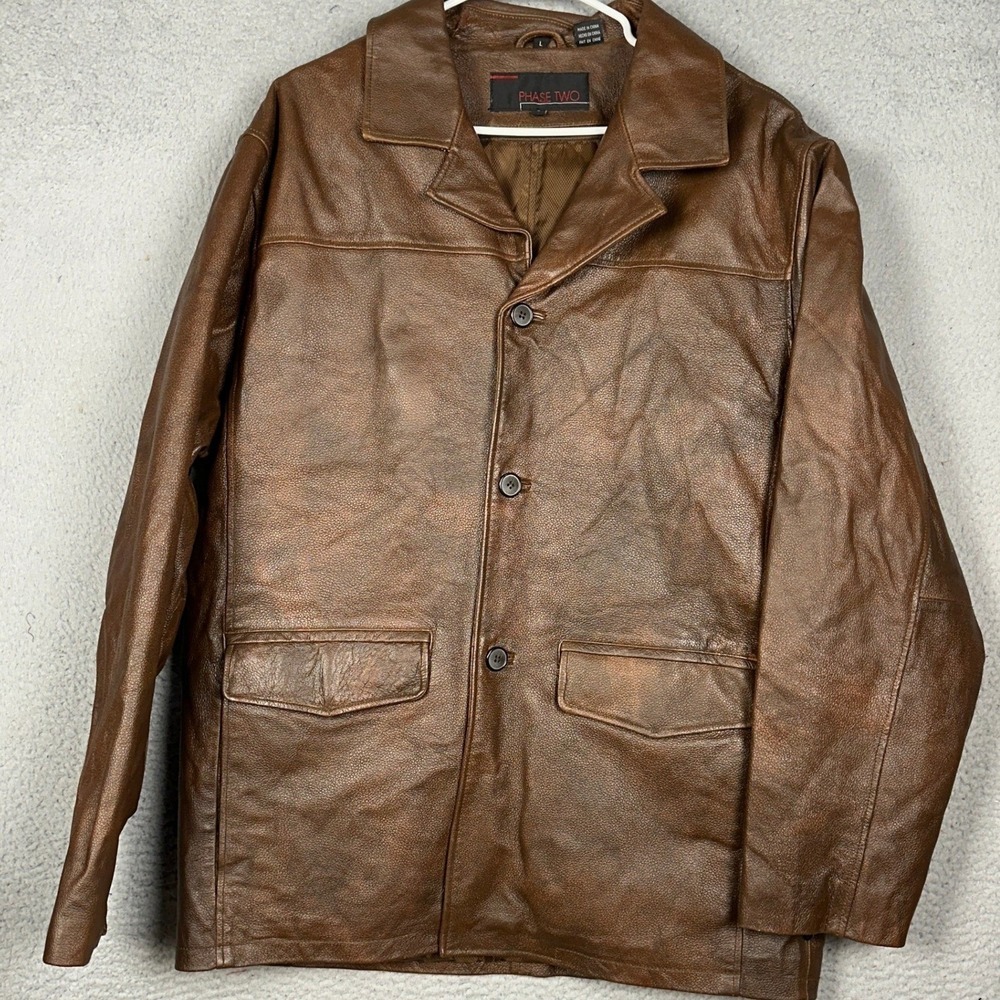 Phase Two Leather Jacket Mens Large Brown Car Coat Button Front Collared Pockets